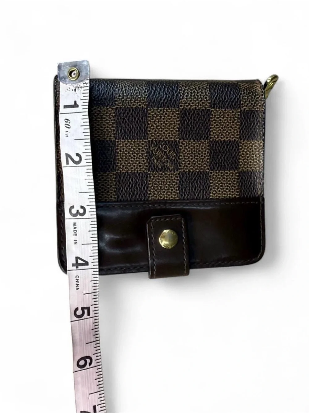 Louis Vuitton Damier Ebene Compact Wallet Brown Leather Snap Zipper Box Dust Bag